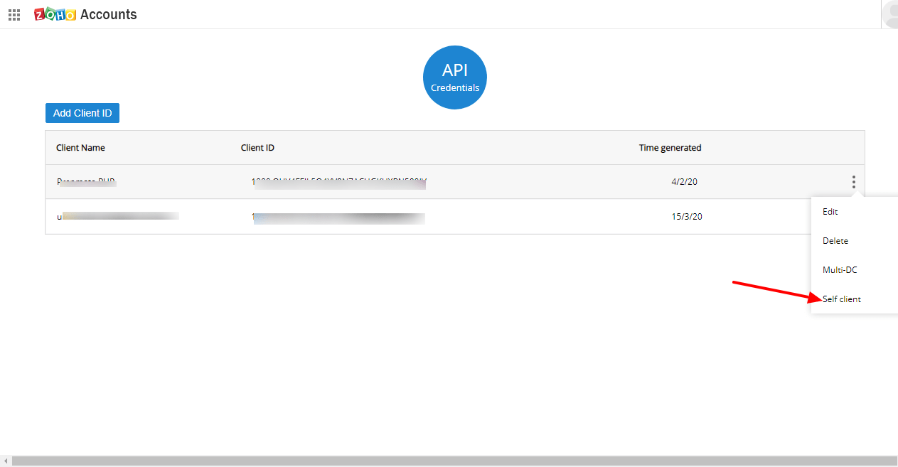 Zoho self client API